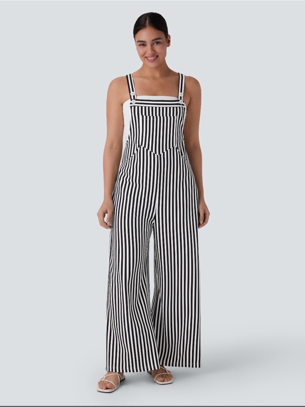 Halara Black White Stripe Waffle Overalls Size S Regular Wide Leg